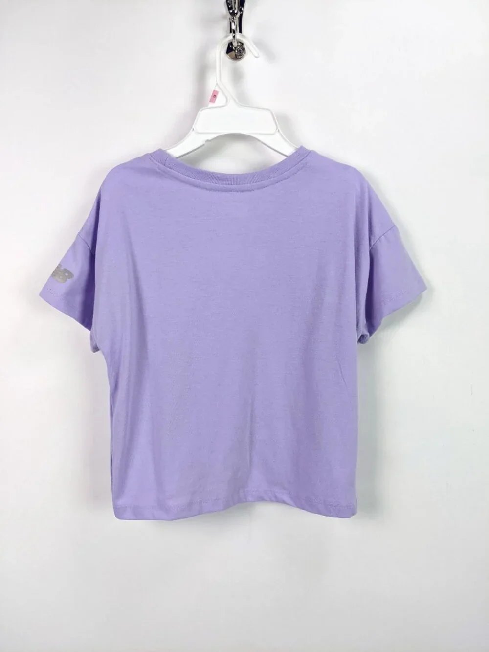 New Balance Girls Purple Graphic Logo T-Shirt Twist Front Crop Top Size S 7/8